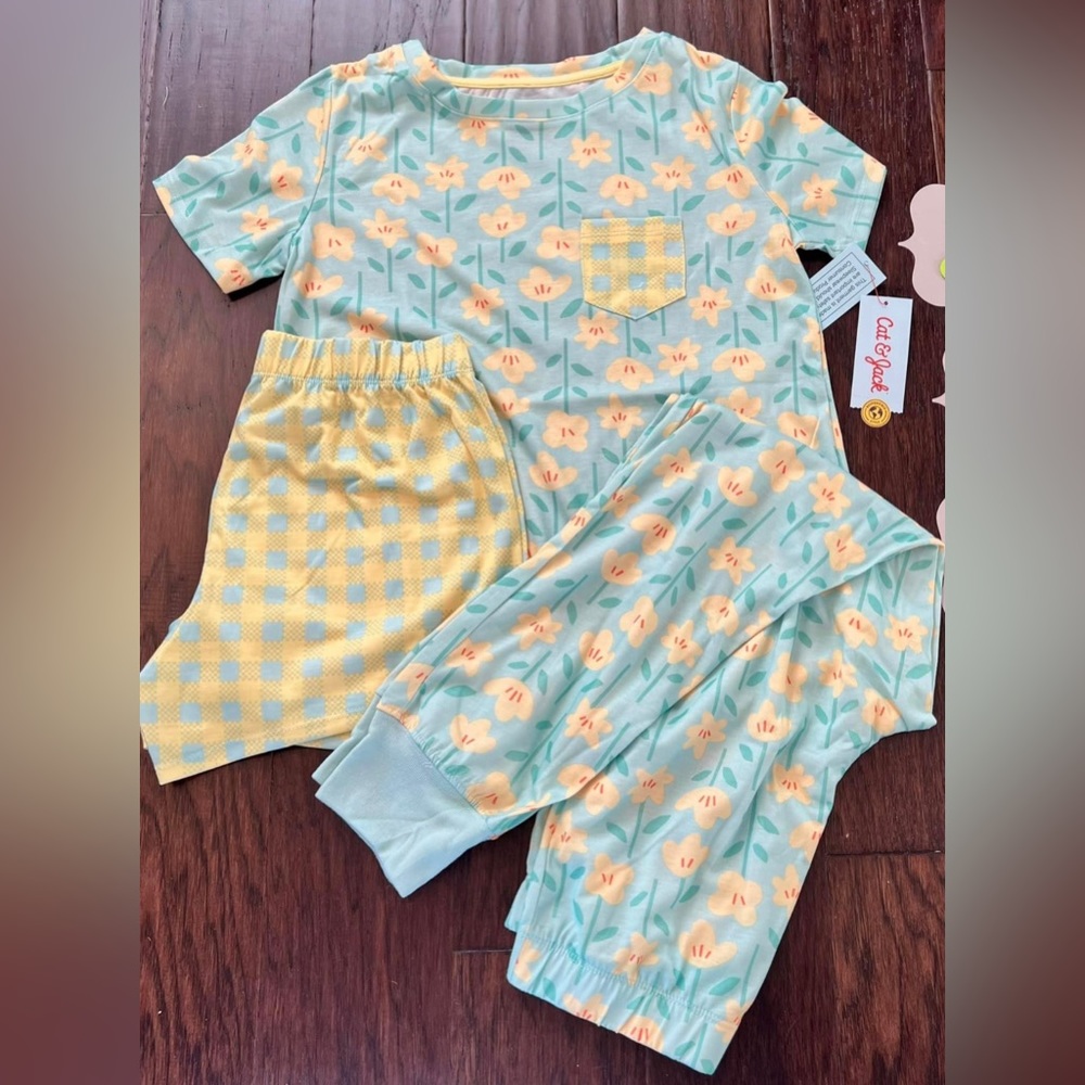 Cat & Jack Girls 3pc Pajama Set Floral Checkered Mint Yellow NWT Size 10/12